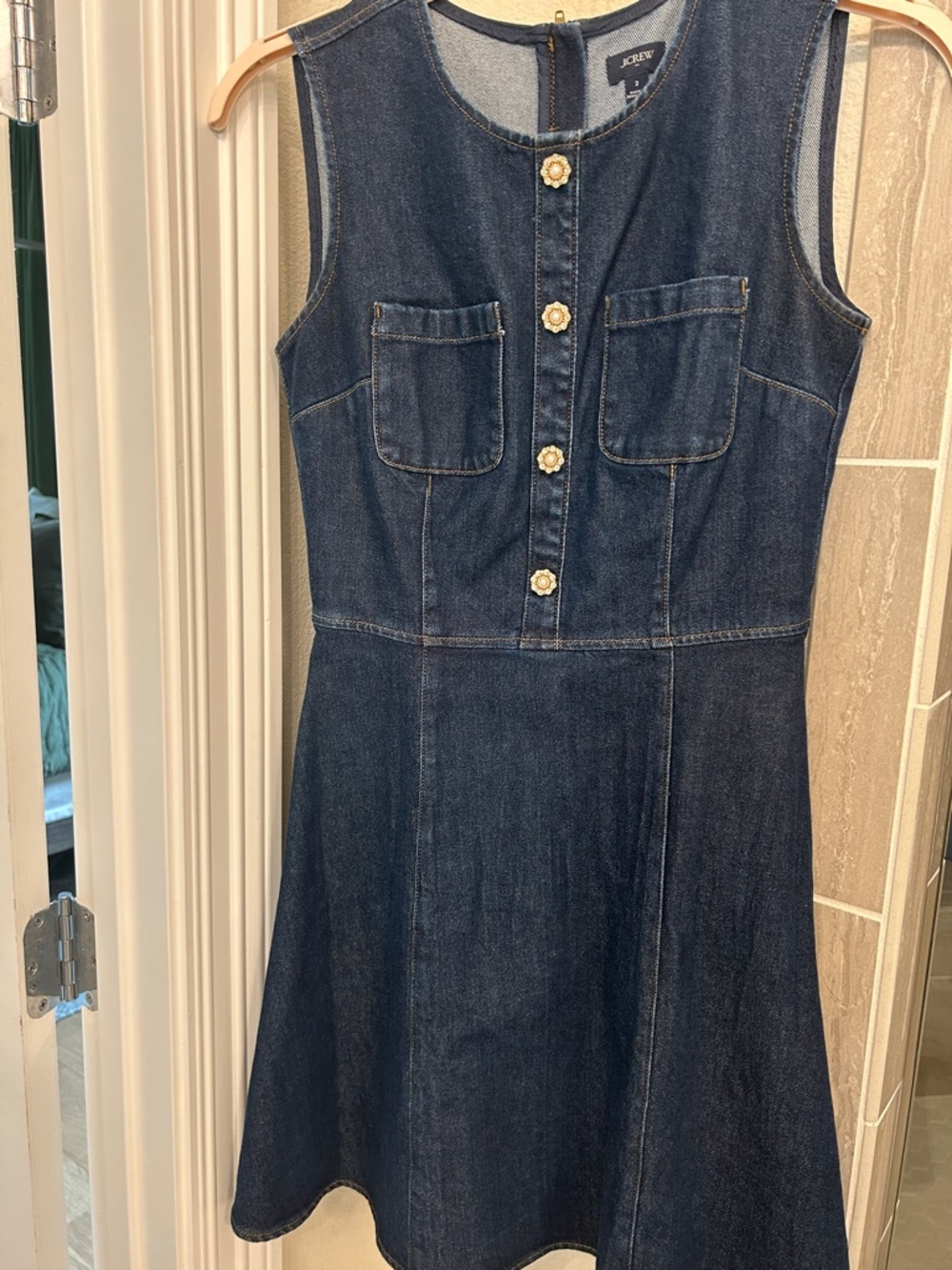 J. Crew women’s  Dark Denim Sleeveless Dress with Flower Buttons